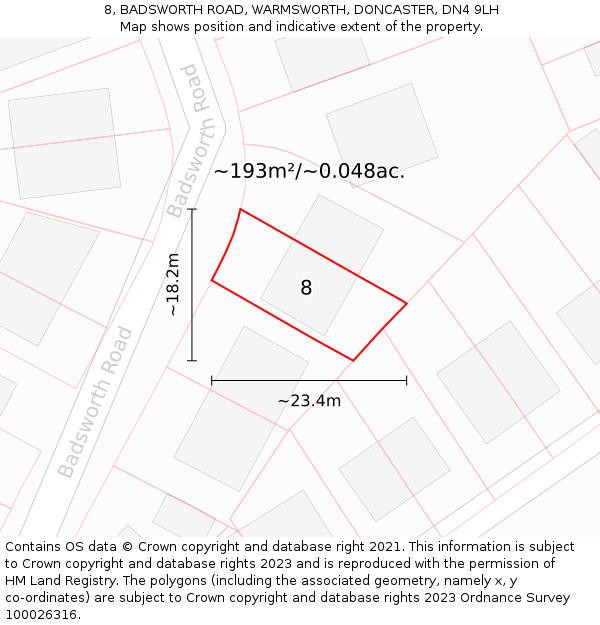 8, BADSWORTH ROAD, WARMSWORTH, DONCASTER, DN4 9LH: Plot and title map