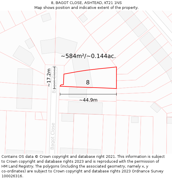 8, BAGOT CLOSE, ASHTEAD, KT21 1NS: Plot and title map