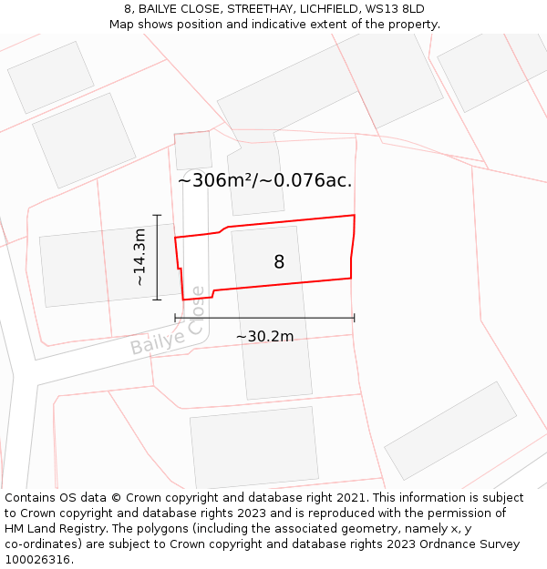 8, BAILYE CLOSE, STREETHAY, LICHFIELD, WS13 8LD: Plot and title map