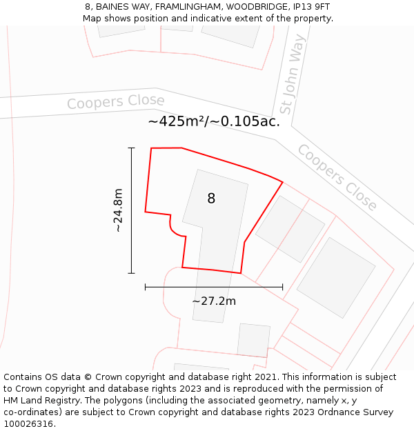 8, BAINES WAY, FRAMLINGHAM, WOODBRIDGE, IP13 9FT: Plot and title map