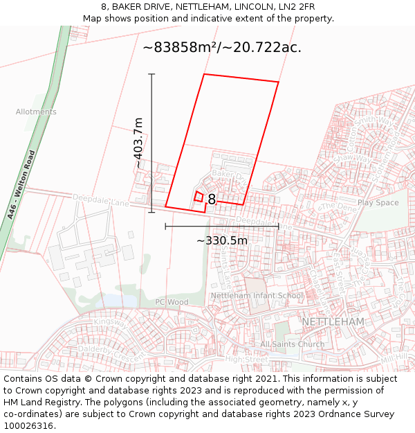 8, BAKER DRIVE, NETTLEHAM, LINCOLN, LN2 2FR: Plot and title map
