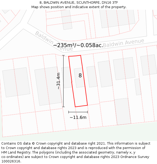 8, BALDWIN AVENUE, SCUNTHORPE, DN16 3TF: Plot and title map