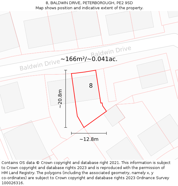 8, BALDWIN DRIVE, PETERBOROUGH, PE2 9SD: Plot and title map