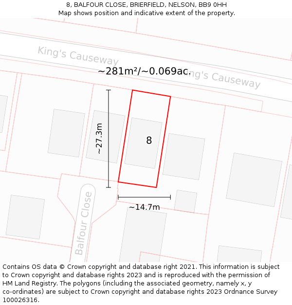 8, BALFOUR CLOSE, BRIERFIELD, NELSON, BB9 0HH: Plot and title map