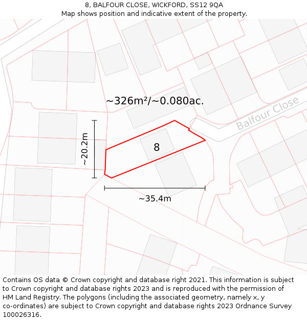 8, BALFOUR CLOSE, WICKFORD, SS12 9QA: Plot and title map