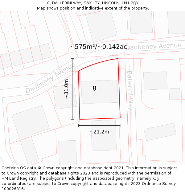 8, BALLERINI WAY, SAXILBY, LINCOLN, LN1 2QY: Plot and title map