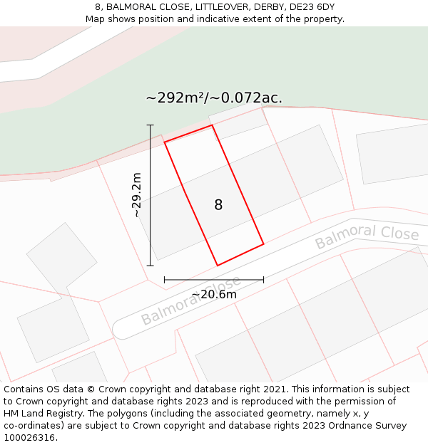 8, BALMORAL CLOSE, LITTLEOVER, DERBY, DE23 6DY: Plot and title map