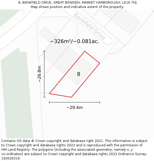 8, BANKFIELD DRIVE, GREAT BOWDEN, MARKET HARBOROUGH, LE16 7HJ: Plot and title map