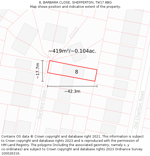 8, BARBARA CLOSE, SHEPPERTON, TW17 8BG: Plot and title map