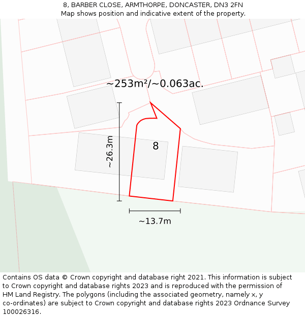 8, BARBER CLOSE, ARMTHORPE, DONCASTER, DN3 2FN: Plot and title map