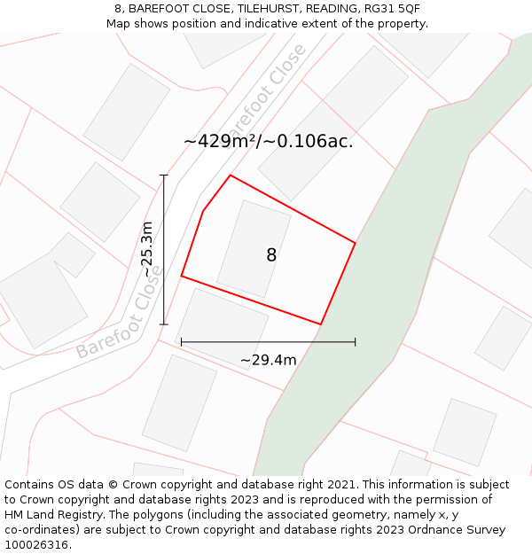 8, BAREFOOT CLOSE, TILEHURST, READING, RG31 5QF: Plot and title map