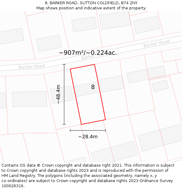 8, BARKER ROAD, SUTTON COLDFIELD, B74 2NY: Plot and title map