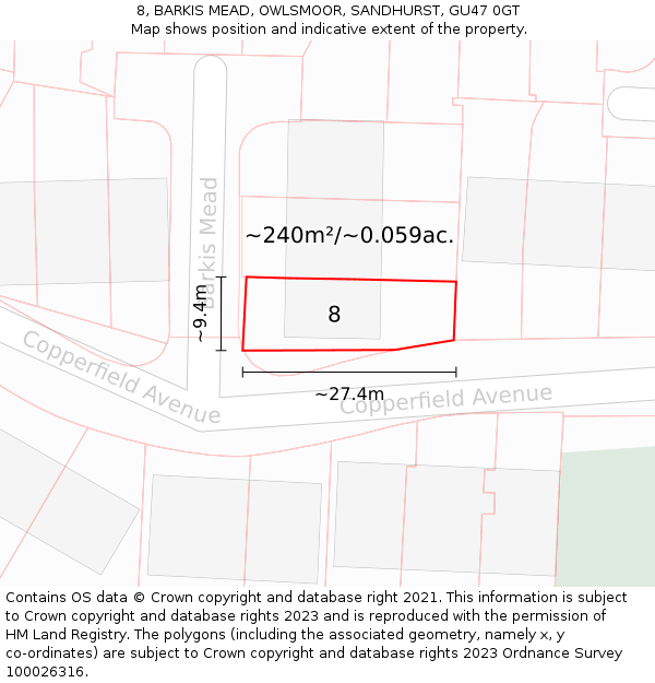 8, BARKIS MEAD, OWLSMOOR, SANDHURST, GU47 0GT: Plot and title map