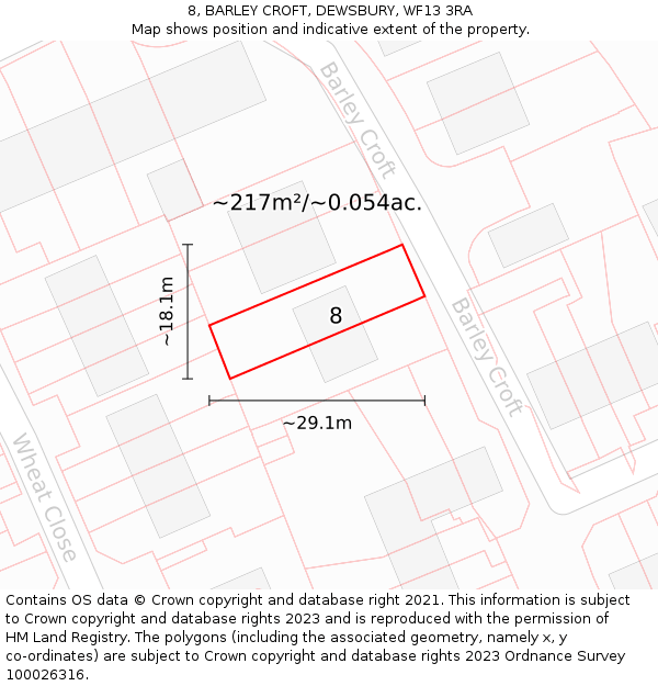 8, BARLEY CROFT, DEWSBURY, WF13 3RA: Plot and title map