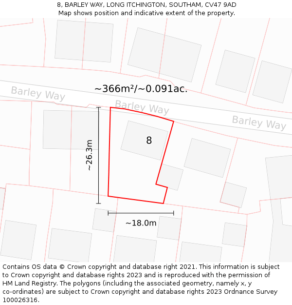 8, BARLEY WAY, LONG ITCHINGTON, SOUTHAM, CV47 9AD: Plot and title map