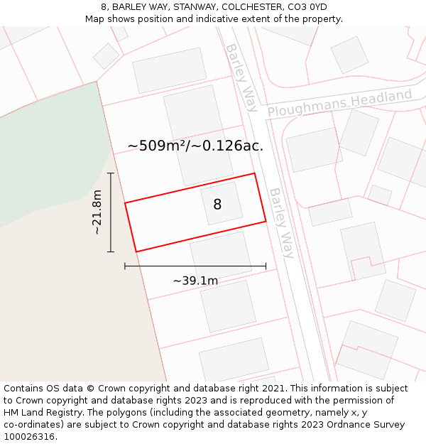8, BARLEY WAY, STANWAY, COLCHESTER, CO3 0YD: Plot and title map