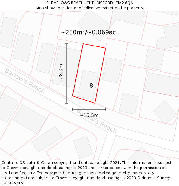 8, BARLOWS REACH, CHELMSFORD, CM2 6QA: Plot and title map