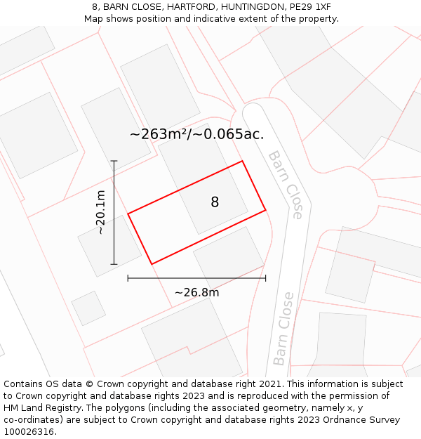 8, BARN CLOSE, HARTFORD, HUNTINGDON, PE29 1XF: Plot and title map