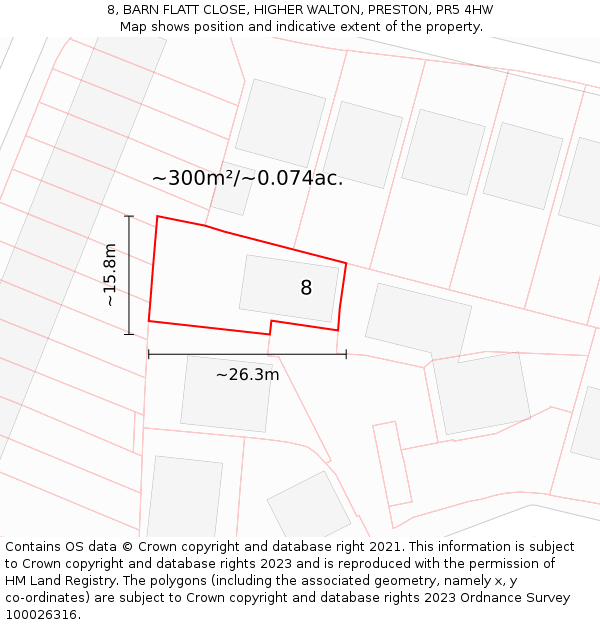 8, BARN FLATT CLOSE, HIGHER WALTON, PRESTON, PR5 4HW: Plot and title map