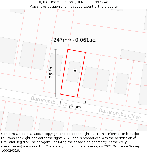 8, BARNCOMBE CLOSE, BENFLEET, SS7 4AQ: Plot and title map