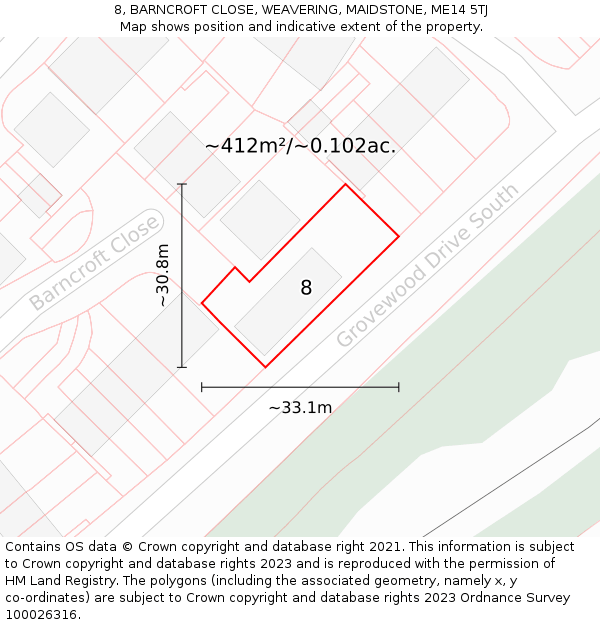 8, BARNCROFT CLOSE, WEAVERING, MAIDSTONE, ME14 5TJ: Plot and title map