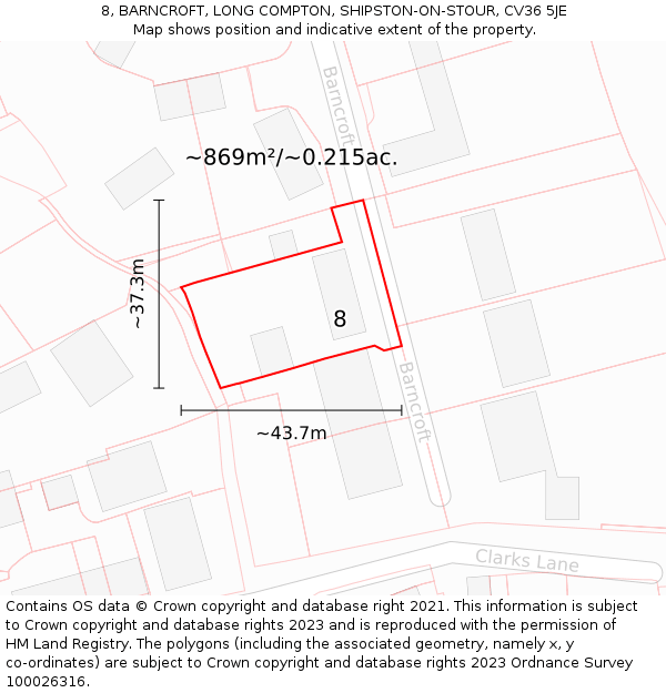 8, BARNCROFT, LONG COMPTON, SHIPSTON-ON-STOUR, CV36 5JE: Plot and title map