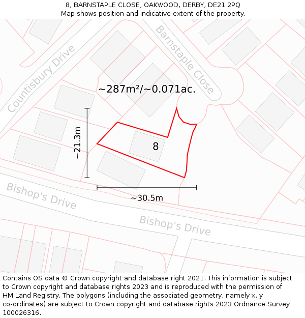8, BARNSTAPLE CLOSE, OAKWOOD, DERBY, DE21 2PQ: Plot and title map