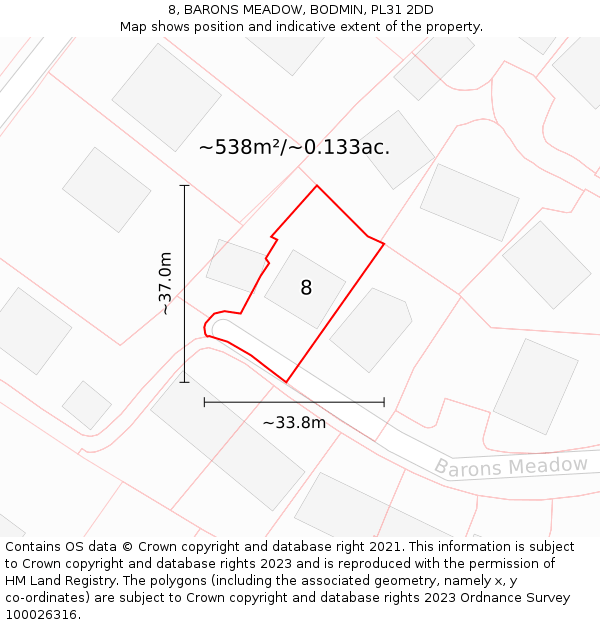 8, BARONS MEADOW, BODMIN, PL31 2DD: Plot and title map