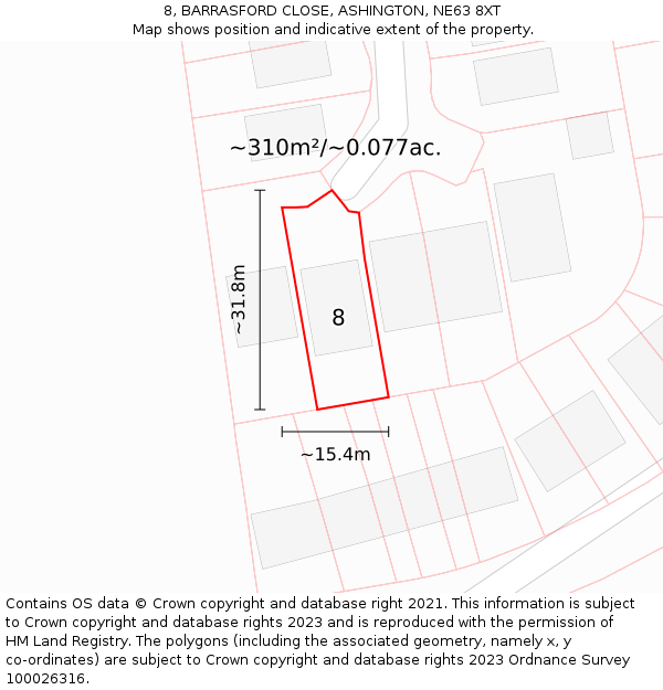 8, BARRASFORD CLOSE, ASHINGTON, NE63 8XT: Plot and title map