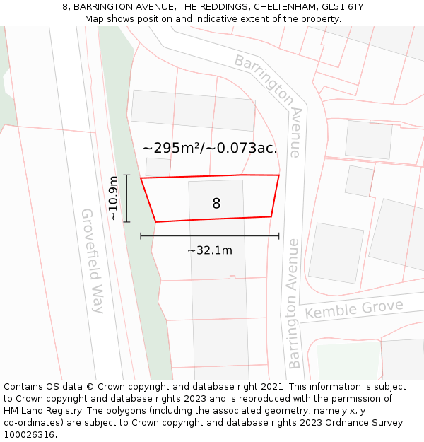 8, BARRINGTON AVENUE, THE REDDINGS, CHELTENHAM, GL51 6TY: Plot and title map