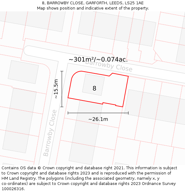 8, BARROWBY CLOSE, GARFORTH, LEEDS, LS25 1AE: Plot and title map