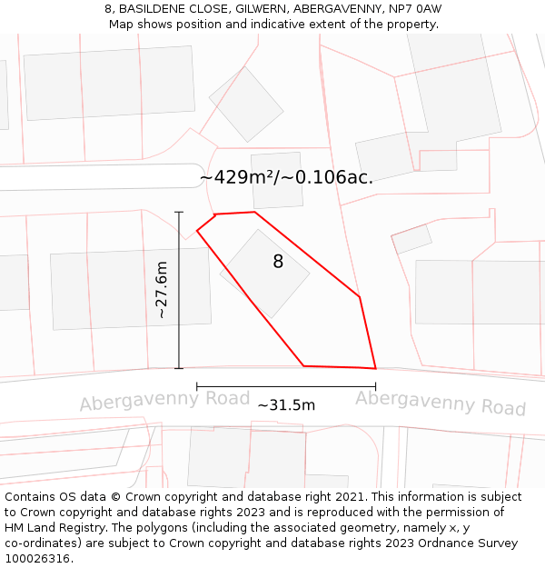 8, BASILDENE CLOSE, GILWERN, ABERGAVENNY, NP7 0AW: Plot and title map