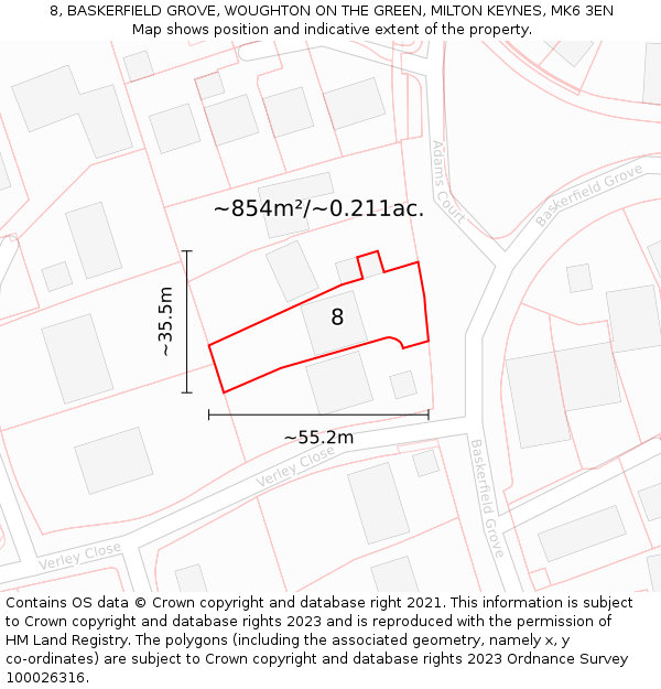 8, BASKERFIELD GROVE, WOUGHTON ON THE GREEN, MILTON KEYNES, MK6 3EN: Plot and title map