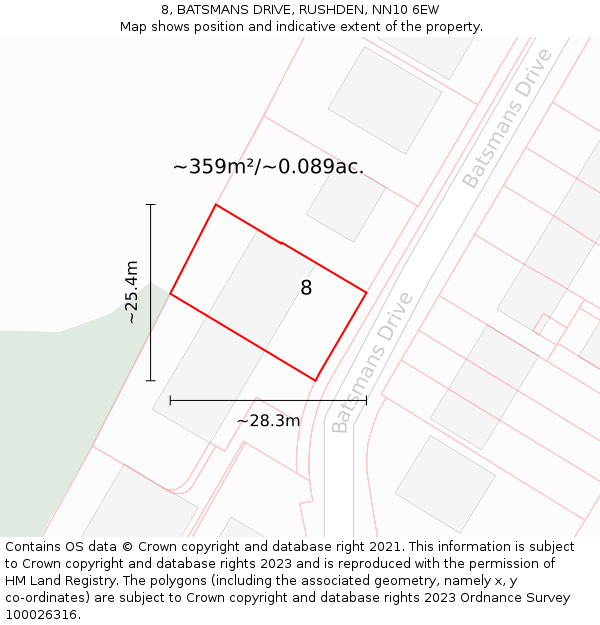 8, BATSMANS DRIVE, RUSHDEN, NN10 6EW: Plot and title map