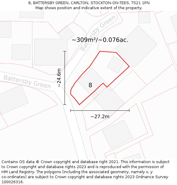 8, BATTERSBY GREEN, CARLTON, STOCKTON-ON-TEES, TS21 1PN: Plot and title map