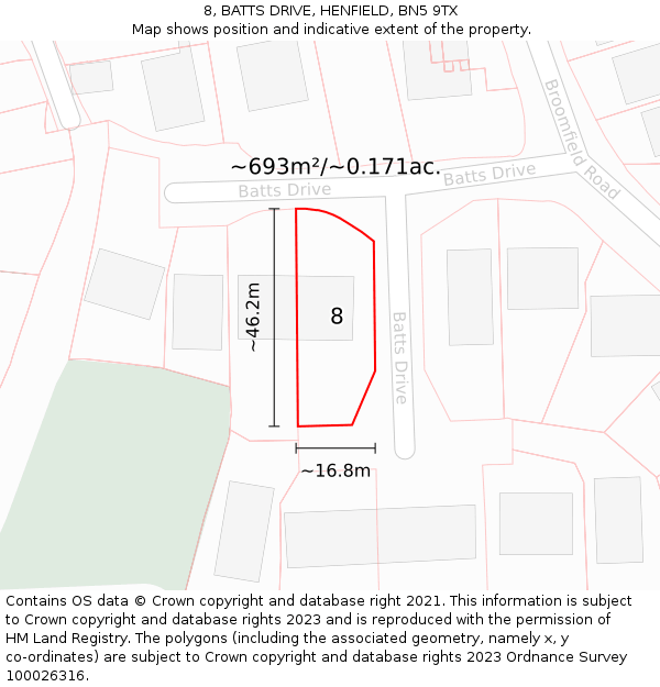 8, BATTS DRIVE, HENFIELD, BN5 9TX: Plot and title map