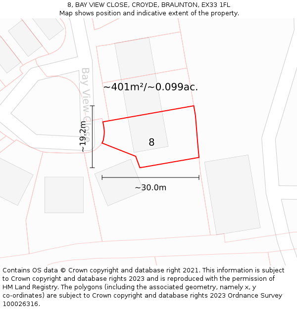 8, BAY VIEW CLOSE, CROYDE, BRAUNTON, EX33 1FL: Plot and title map