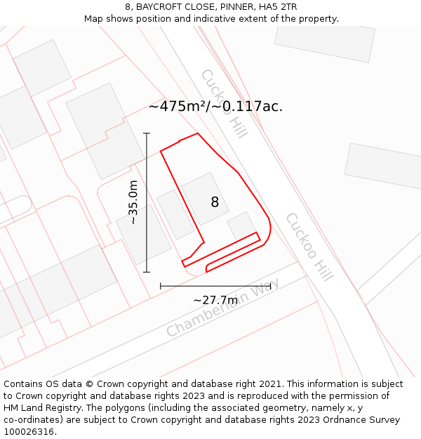 8, BAYCROFT CLOSE, PINNER, HA5 2TR: Plot and title map