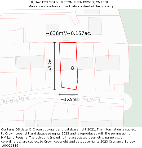 8, BAYLEYS MEAD, HUTTON, BRENTWOOD, CM13 2HL: Plot and title map