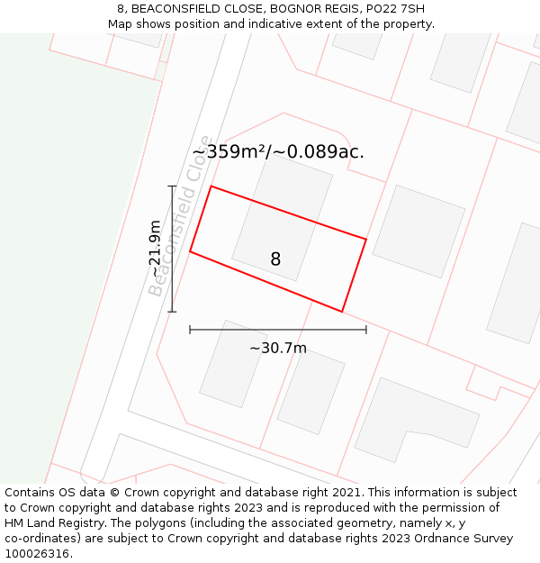 8, BEACONSFIELD CLOSE, BOGNOR REGIS, PO22 7SH: Plot and title map