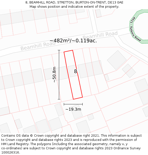 8, BEAMHILL ROAD, STRETTON, BURTON-ON-TRENT, DE13 0AE: Plot and title map