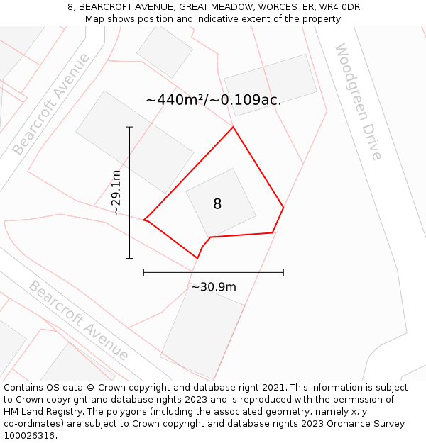8, BEARCROFT AVENUE, GREAT MEADOW, WORCESTER, WR4 0DR: Plot and title map