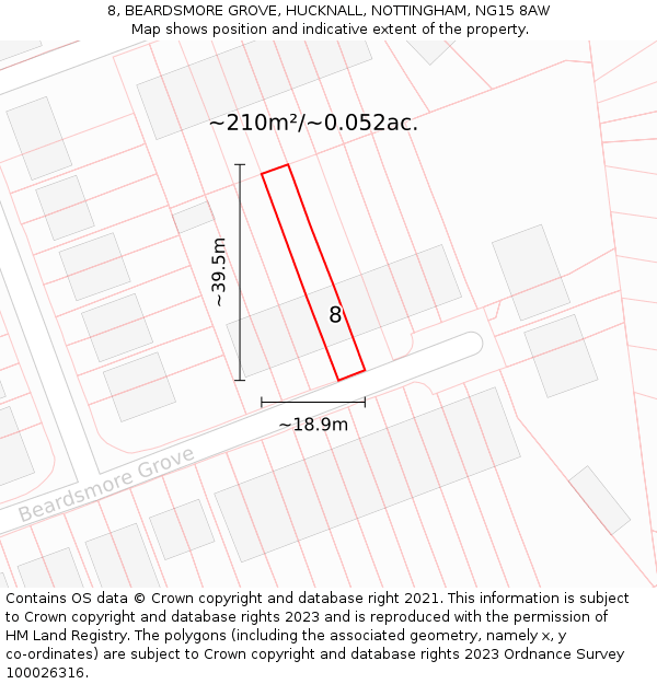 8, BEARDSMORE GROVE, HUCKNALL, NOTTINGHAM, NG15 8AW: Plot and title map