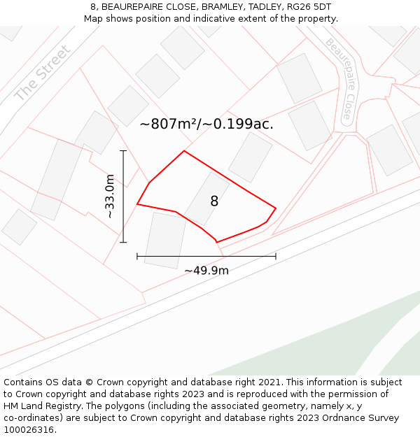 8, BEAUREPAIRE CLOSE, BRAMLEY, TADLEY, RG26 5DT: Plot and title map