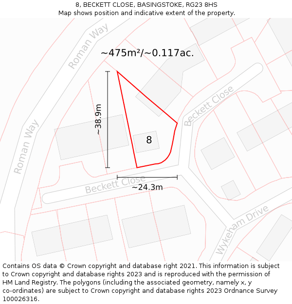 8, BECKETT CLOSE, BASINGSTOKE, RG23 8HS: Plot and title map