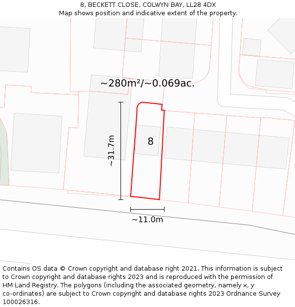 8, BECKETT CLOSE, COLWYN BAY, LL28 4DX: Plot and title map