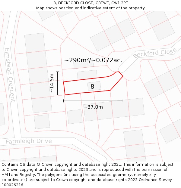 8, BECKFORD CLOSE, CREWE, CW1 3PT: Plot and title map