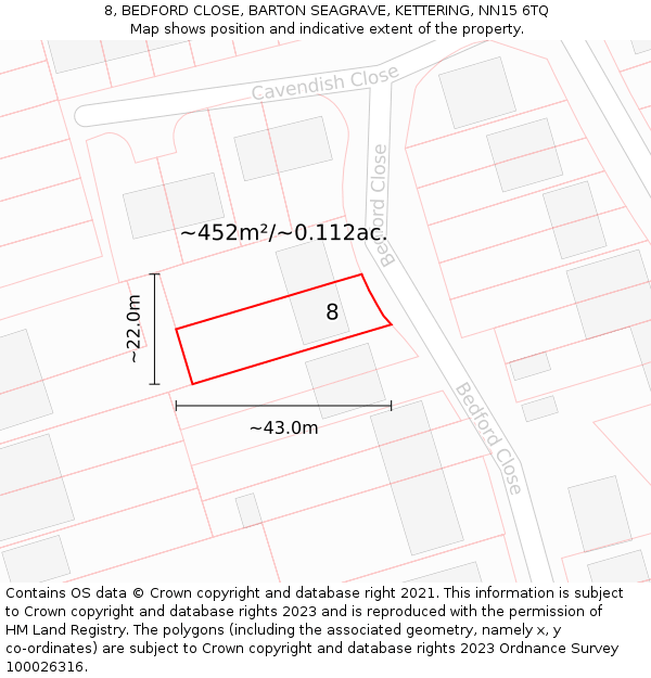 8, BEDFORD CLOSE, BARTON SEAGRAVE, KETTERING, NN15 6TQ: Plot and title map