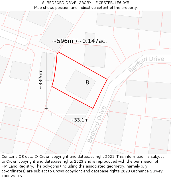 8, BEDFORD DRIVE, GROBY, LEICESTER, LE6 0YB: Plot and title map