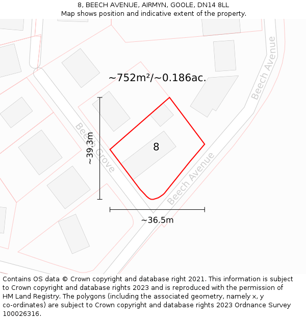 8, BEECH AVENUE, AIRMYN, GOOLE, DN14 8LL: Plot and title map